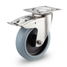 Zwenkwiel met rem RVS 100 mm grijs rubber plaat rollager
