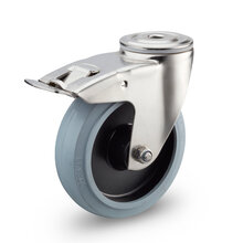 Zwenkwiel met rem RVS 100 mm grijs rubber boutgat rollager