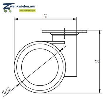 Meubelwiel 42 mm dubbel soft plaat 36 x 36 mm