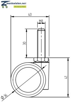 Meubelwiel 36 mm dubbelrol soft bout M8 x 30 mm