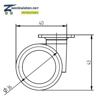 Meubelwiel 36 mm dubbelrol soft plaat 28 x 28 mm