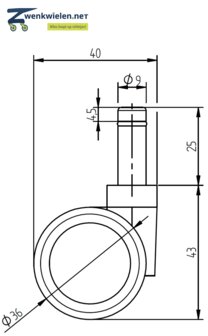 Meubelwiel 36 mm dubbelrol soft stift 9 mm ring