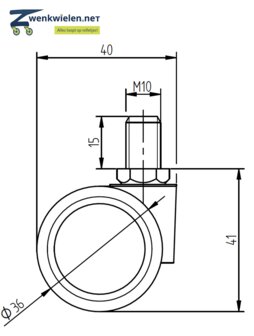 Meubelwiel 36 mm dubbelrol hard bout M10x15 mm