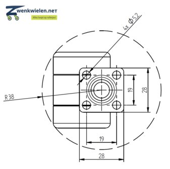 Meubelwiel 36 mm dubbelrol hard plaat 28 x 28 mm