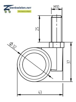 Meubelwiel 32 mm dubbelrol bout M10x25 mm soft
