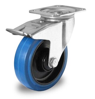 Zwenkwiel met rem 100 mm blauw plaat rollager