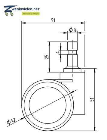 Meubelwiel zacht 8 mm stift