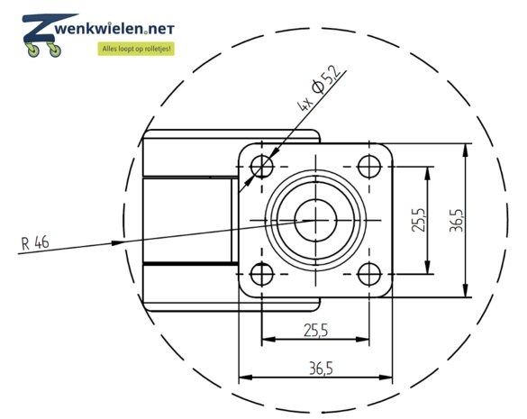 Meubelwiel 42 mm dubbel hard plaat 36 x 36 mm