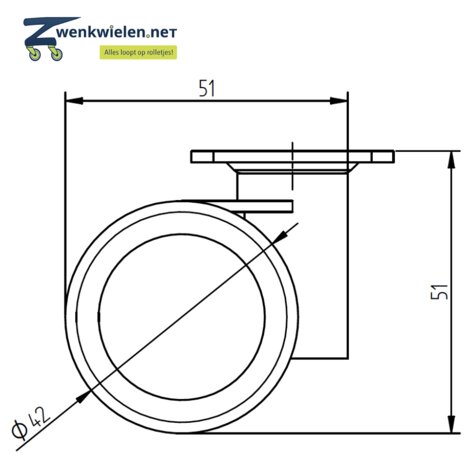 Meubelwiel 42 mm dubbel hard plaat 36 x 36 mm