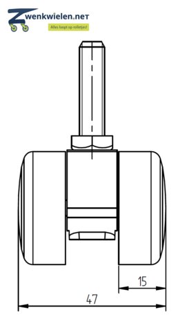 Meubelwiel 36 mm dubbelrol soft bout M8 x 30 mm