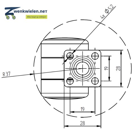 Meubelwiel 36 mm dubbelrol soft plaat 28 x 28 mm