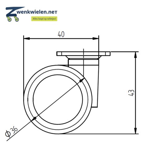 Meubelwiel 36 mm dubbelrol soft plaat 28 x 28 mm