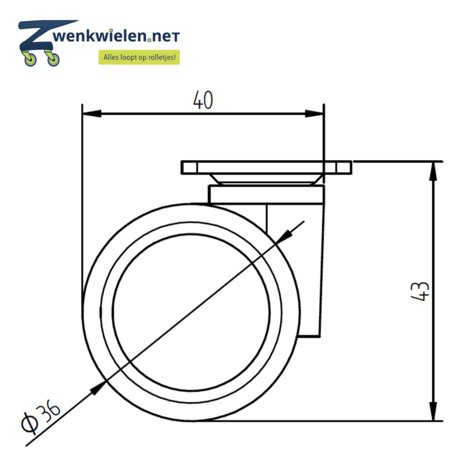 Meubelwiel 36 mm dubbelrol hard plaat 28 x 28 mm