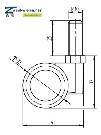 Meubelwiel 32 mm dubbelrol bout M10x25 mm soft