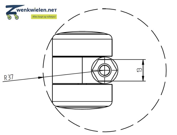 Meubelwiel 36 mm dubbelrol soft bout M8x15 mm