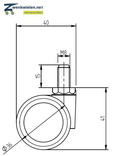 Meubelwiel 36 mm dubbelrol soft bout M8x15 mm