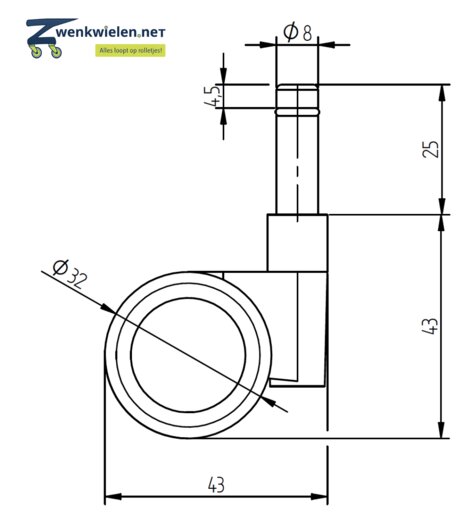 Meubelwiel 32 mm dubbelrol soft stift 8 mm ring