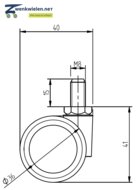 Meubelwiel 36 mm dubbelrol soft bout M8x15 mm