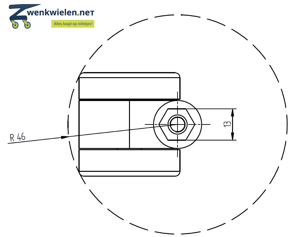 Meubelwiel 42 mm dubbel soft bout M8 x 30 mm zilver